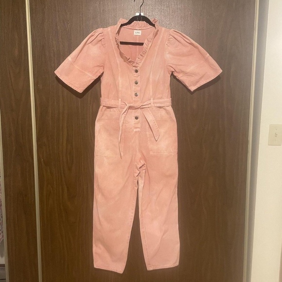 Lini Women's Pink Denim Ruffle V-Neck Short-Sleeve Belted Crop Jumpsuit M - Picture 3 of 6